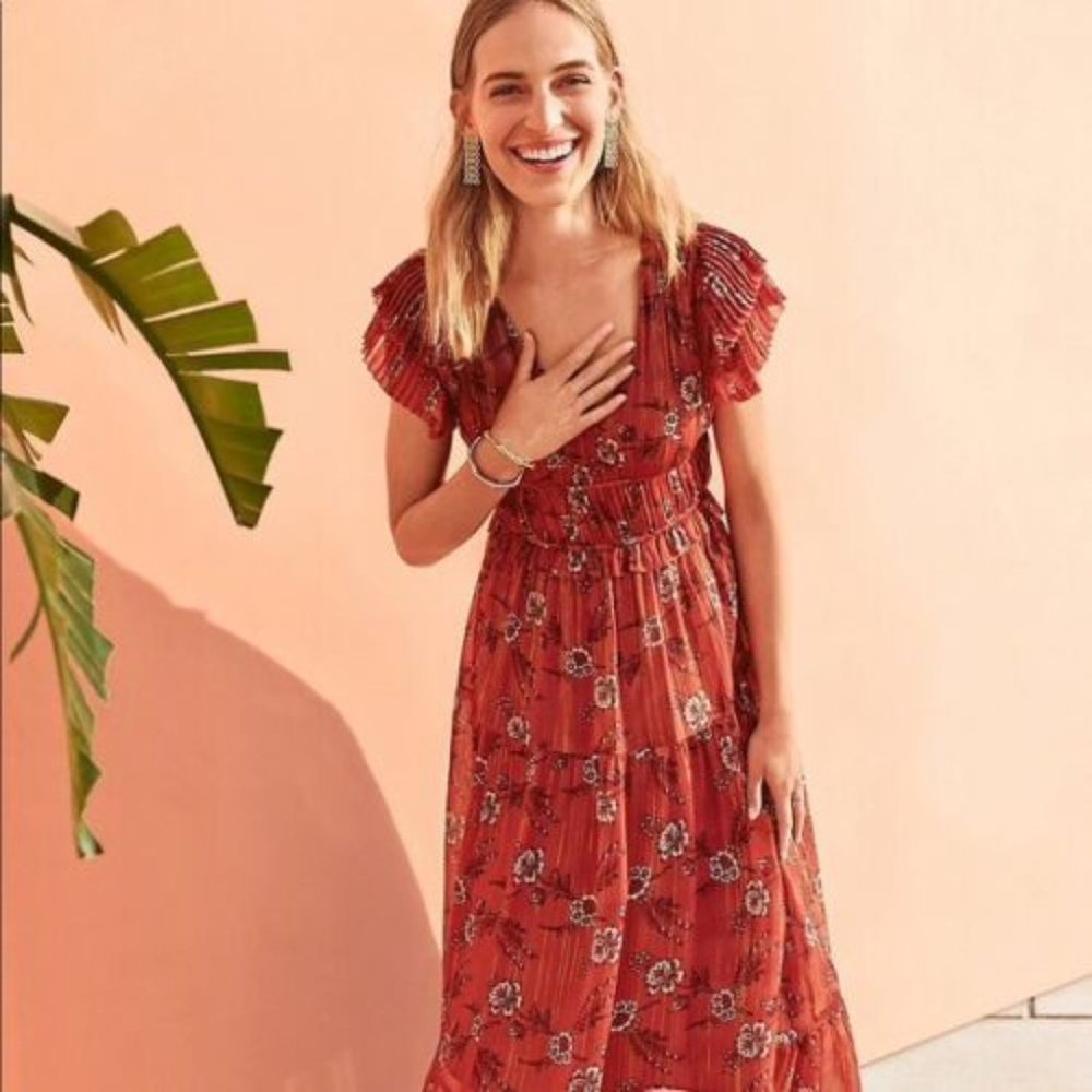 COPY - Ann Taylor Floral Metallic Shimmer Flutter Sleeve Maxi Dress Size (OO) O…